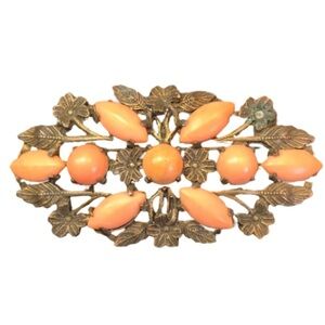 Antique Art Nouveau Bronze Metal Floral Figural Coral Cabochon Brooch
